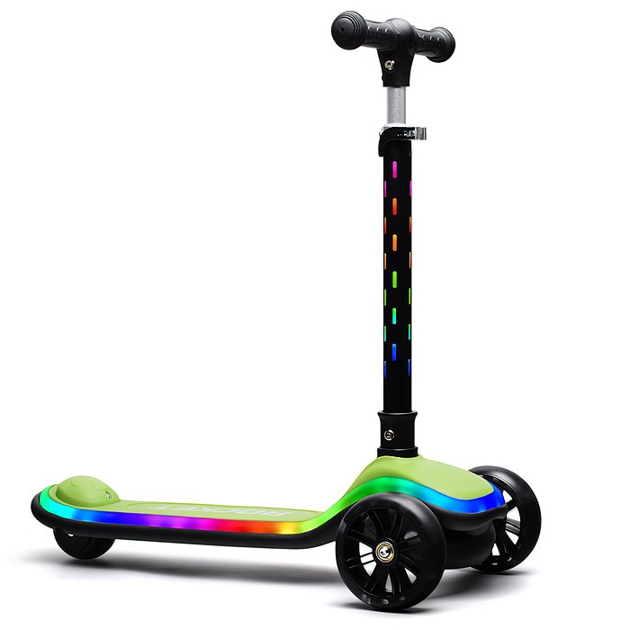 Самокат трёхколёсный R0200 ROCKET светящиеся колеса PU, дека, рулевая стойка, цвет черно-зеленый