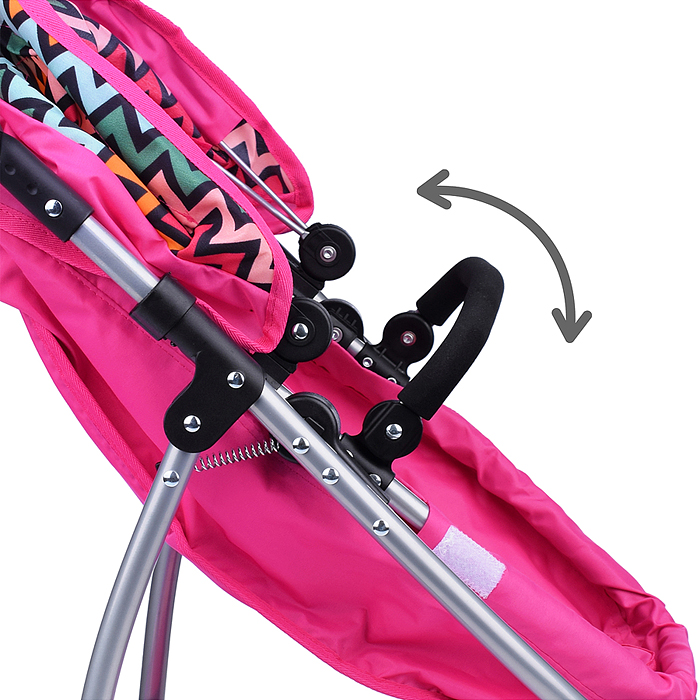 Коляска-трансформер 9665C для кукол, металлическая, регулируемая ручка, с корзиной, розовый зигзаг