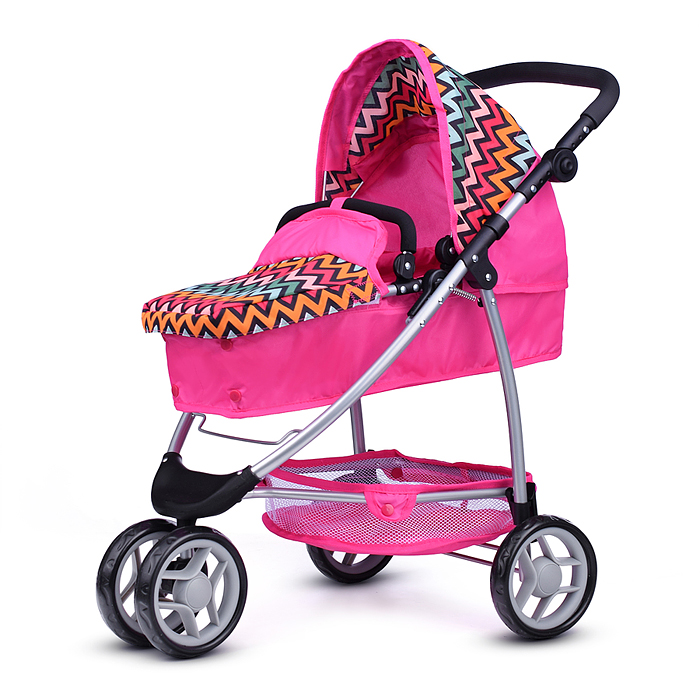 Коляска-трансформер 9665C для кукол, металлическая, регулируемая ручка, с корзиной, розовый зигзаг