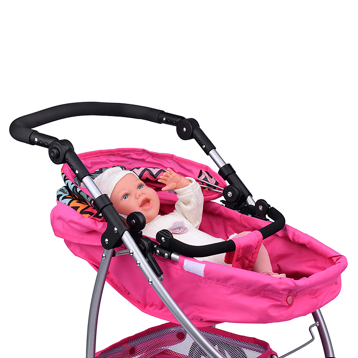 Коляска-трансформер 9665C для кукол, металлическая, регулируемая ручка, с корзиной, розовый зигзаг