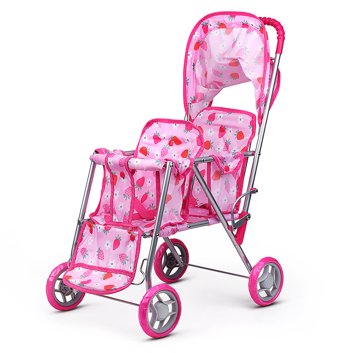Коляска для кукол 9343B для двойни, металлическая, складная, цвет клубнички на розовом