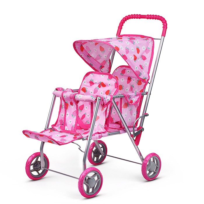 Коляска для кукол 9343B для двойни, металлическая, складная, цвет клубнички на розовом