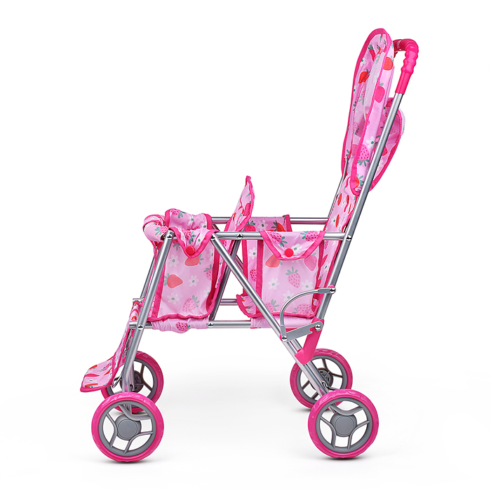 Коляска для кукол 9343B для двойни, металлическая, складная, цвет клубнички на розовом