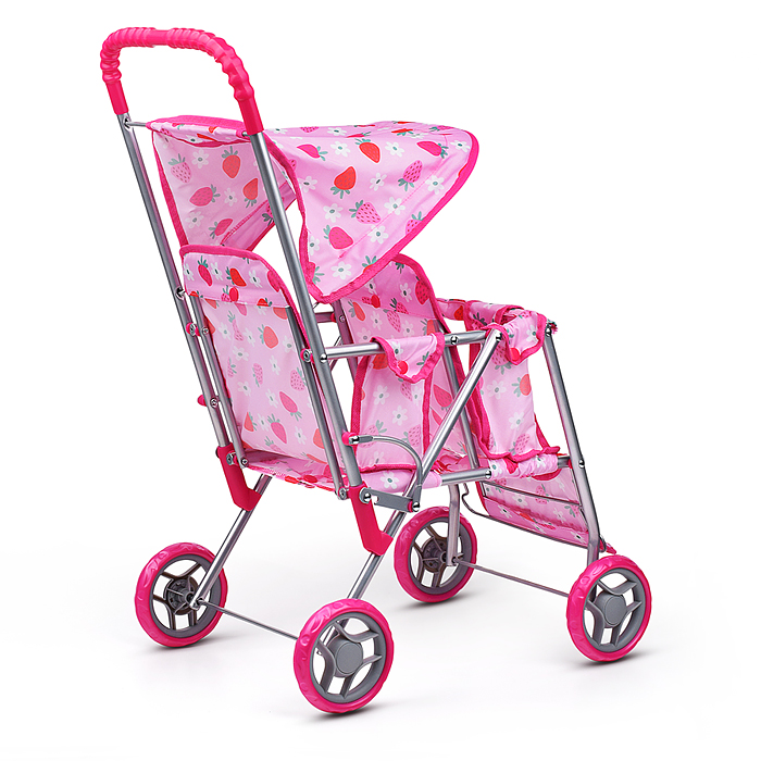 Коляска для кукол 9343B для двойни, металлическая, складная, цвет клубнички на розовом