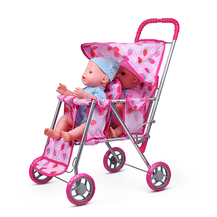 Коляска для кукол 9343B для двойни, металлическая, складная, цвет клубнички на розовом