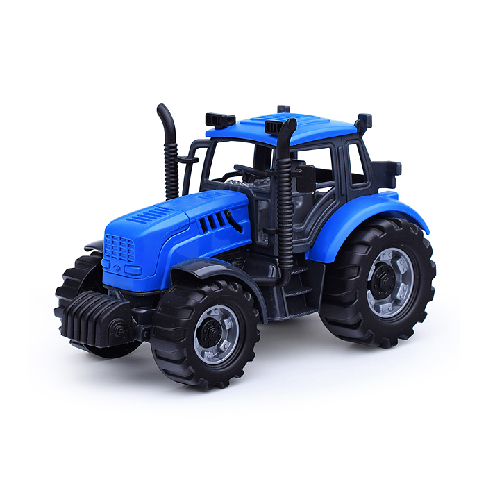 Трактор "Прогресс" с бортовым прицепом инерционный (синий) + набор продуктов (7 элементов) (в коробк