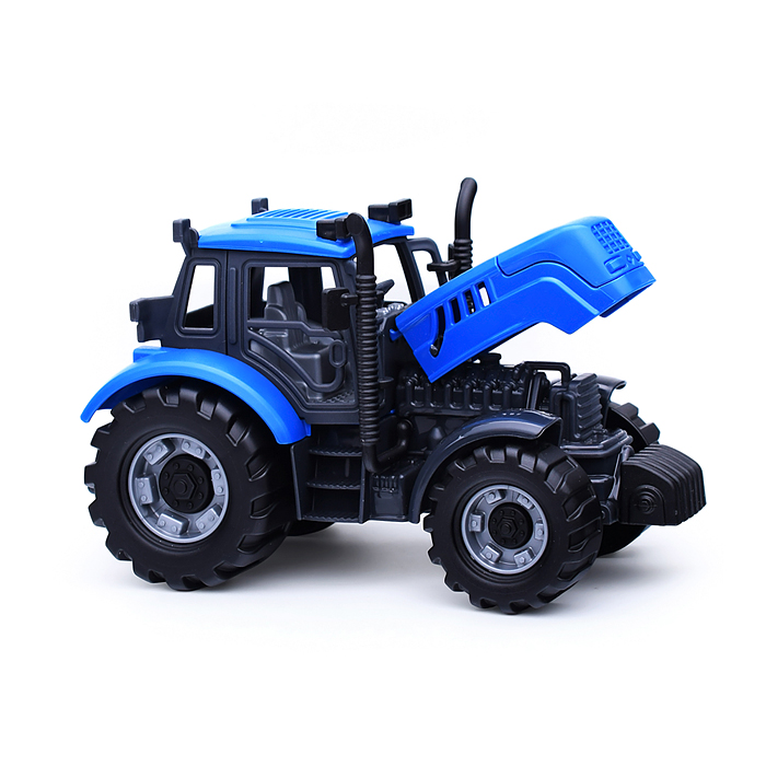 Трактор "Прогресс" с бортовым прицепом инерционный (синий) + набор продуктов (7 элементов) (в коробк