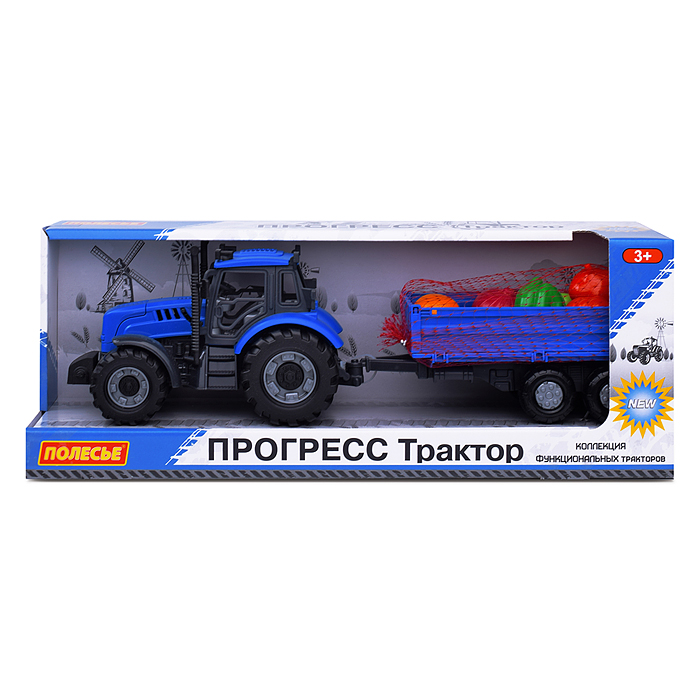 Трактор "Прогресс" с бортовым прицепом инерционный (синий) + набор продуктов (7 элементов) (в коробк