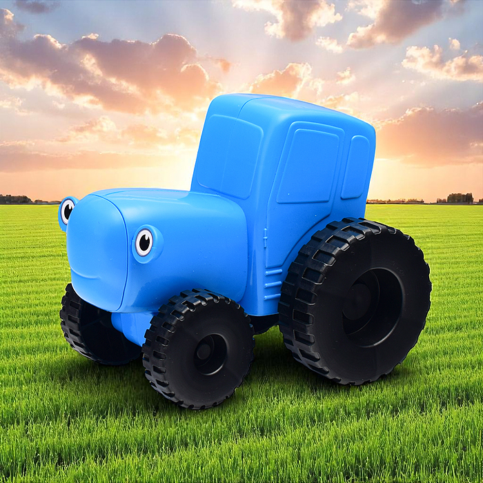 Каталка с ручкой "Синий трактор" 20 см, свободный ход, синий