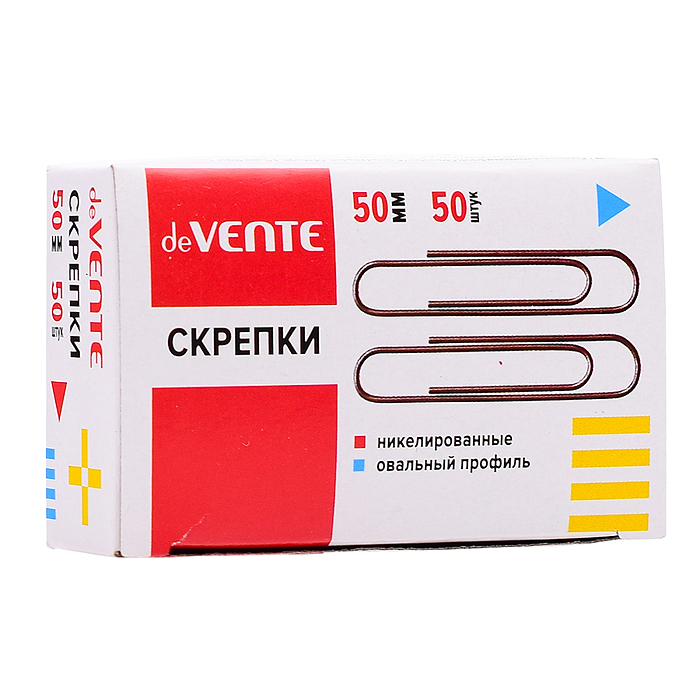 Скрепки металлические овальные никелированные 50 мм, 50 шт в картонной коробке