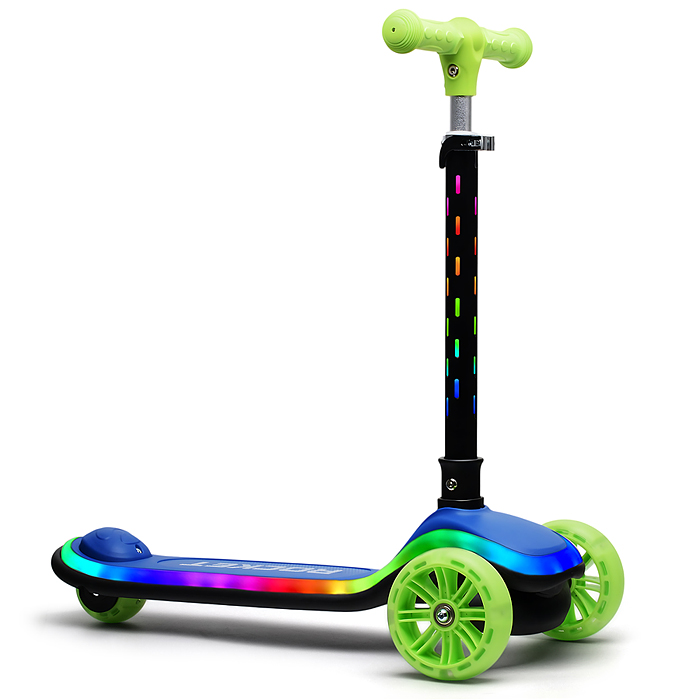Самокат трёхколёсный R0200 ROCKET светящиеся колеса PU, дека, рулевая стойка, цвет зелено-синий