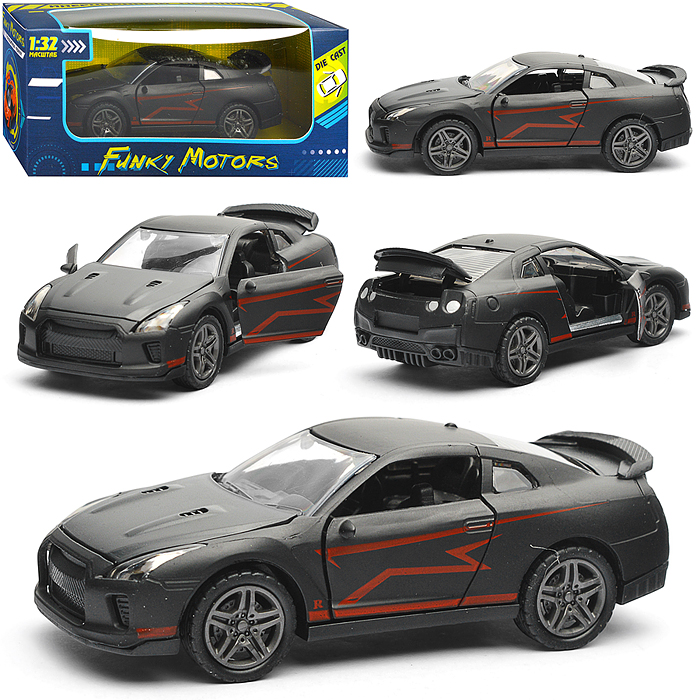 Чёрная инерционная машинка Спорткар со спойлером die-cast,1:32, открывающиеся двери