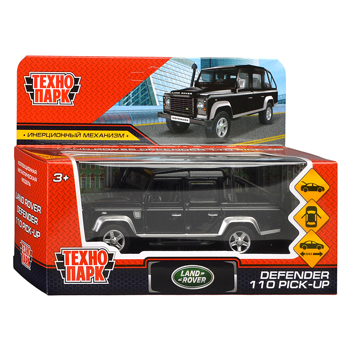 Машина металл Land Rover Defender Pickup 12 см, (двери, багаж, черный) в коробке