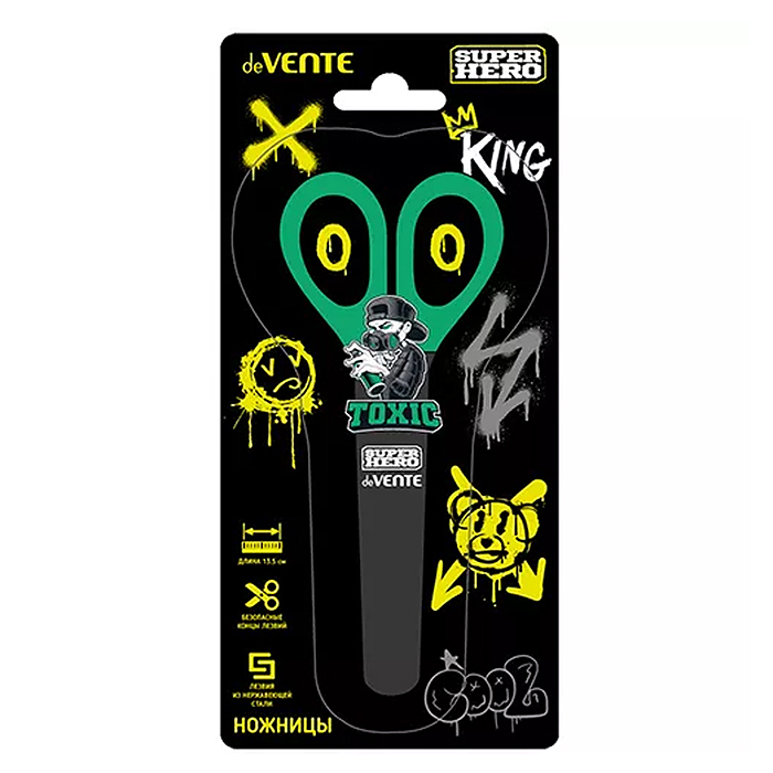 Ножницы детские "SuperHero. Toxic" 13,5 см, пластиковые кольца, защитный футляр с каучуковы