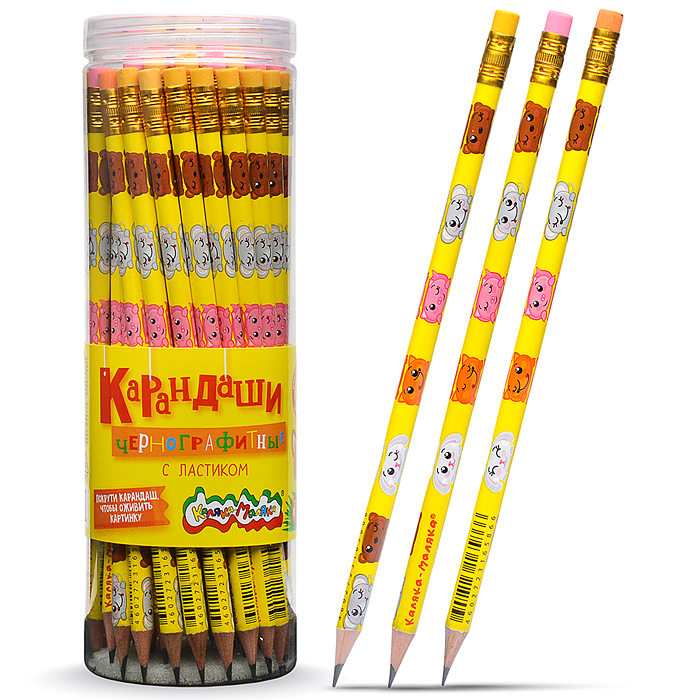 Карандаш чернографитный, корпус дерев. "Мультики" НВ с ластиком заточенный трехгранный