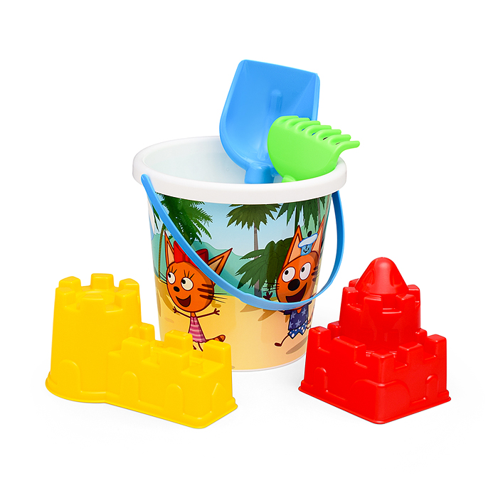 Фото к товару Песочный набор "Три кота и море приключений" №6: Ведро с наклейкой, лопатка №5, грабельки №5, формоч Песочный набор "Три кота и море приключений" №6: Ведро с наклейкой, лопатка №5, грабельки №5, формоч