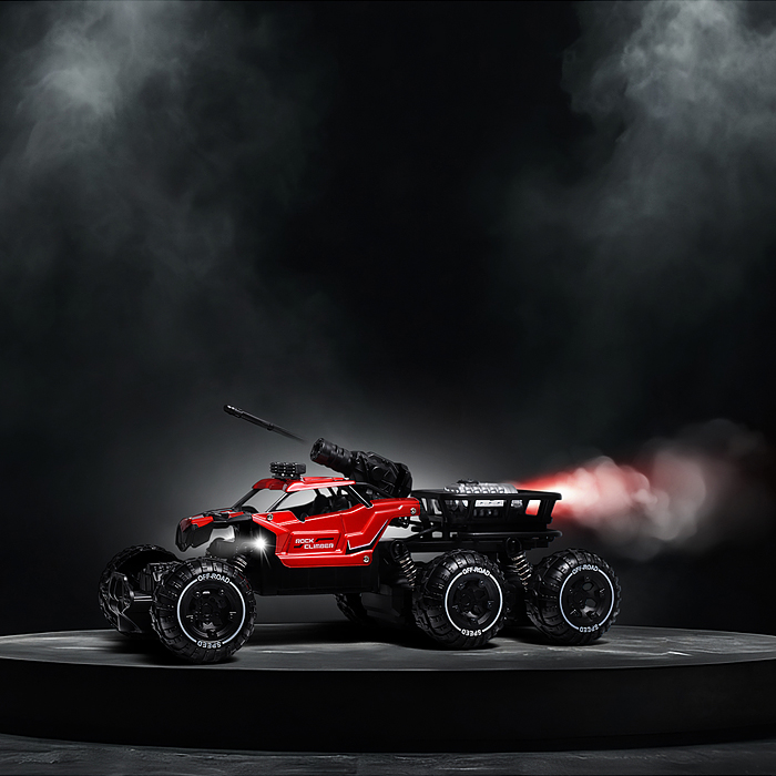 Машина BT0058-2 "Погоня за монстрами" красный,  свет, дым, стрельба, р/у, 27 MHz, в коробке