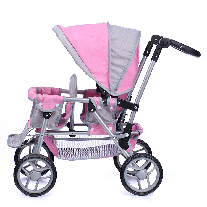 Фото к товару Коляска для кукол 9386 для двойни, металлическая, прогулочная, с тентом, с корзиной, цвет серо-розов Коляска для кукол 9386 для двойни, металлическая, прогулочная, с тентом, с корзиной, цвет серо-розов