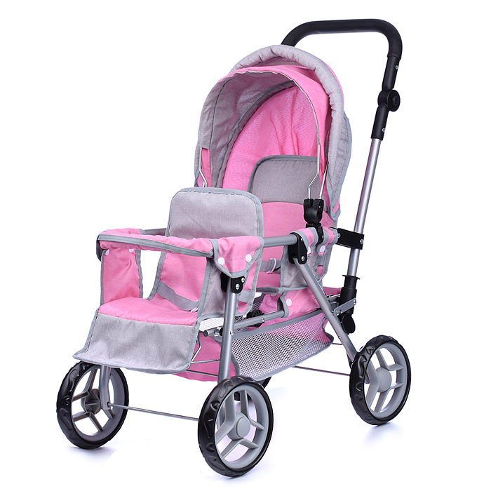 Фото к товару Коляска для кукол 9386 для двойни, металлическая, прогулочная, с тентом, с корзиной, цвет серо-розов Коляска для кукол 9386 для двойни, металлическая, прогулочная, с тентом, с корзиной, цвет серо-розов