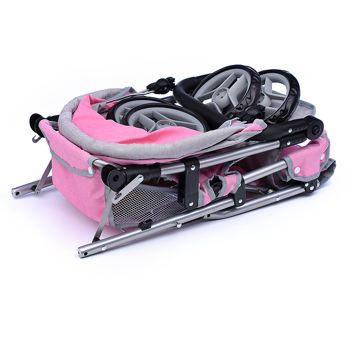 Фото к товару Коляска для кукол 9386 для двойни, металлическая, прогулочная, с тентом, с корзиной, цвет серо-розов Коляска для кукол 9386 для двойни, металлическая, прогулочная, с тентом, с корзиной, цвет серо-розов