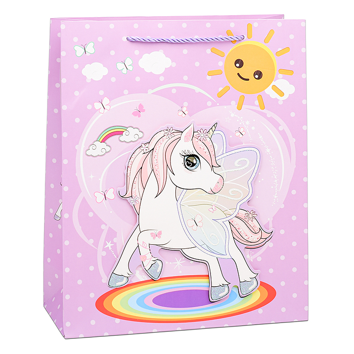 Фото к товару Пакет подарочный 00-6358 "Единорог на радуге" 26х10х32 см Пакет подарочный 00-6358 "Единорог на радуге" 26х10х32 см