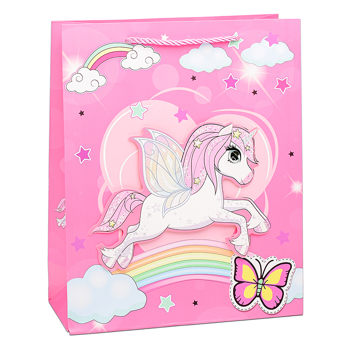 Фото к товару Пакет подарочный 00-6358 "Единорог на радуге" 26х10х32 см Пакет подарочный 00-6358 "Единорог на радуге" 26х10х32 см