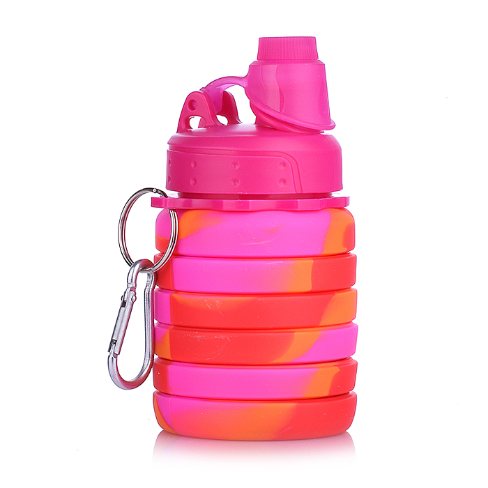 Бутылка складная 500 мл, герметичная, с пластиковой крышкой и поильником, с карабином, оранжево-розо