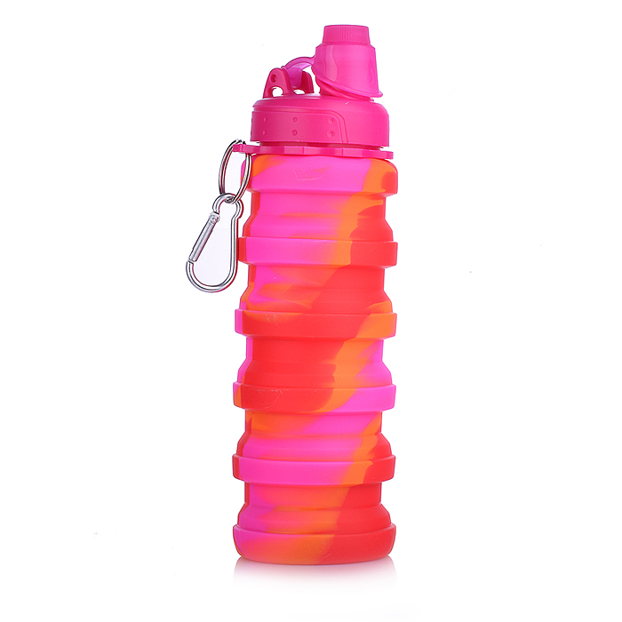 Бутылка складная 500 мл, герметичная, с пластиковой крышкой и поильником, с карабином, оранжево-розо