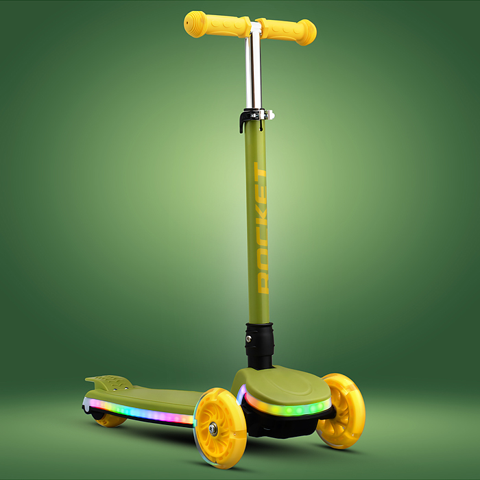 Самокат трёхколёсный R0198 ROCKET колёса световые PU, цвет зелёный