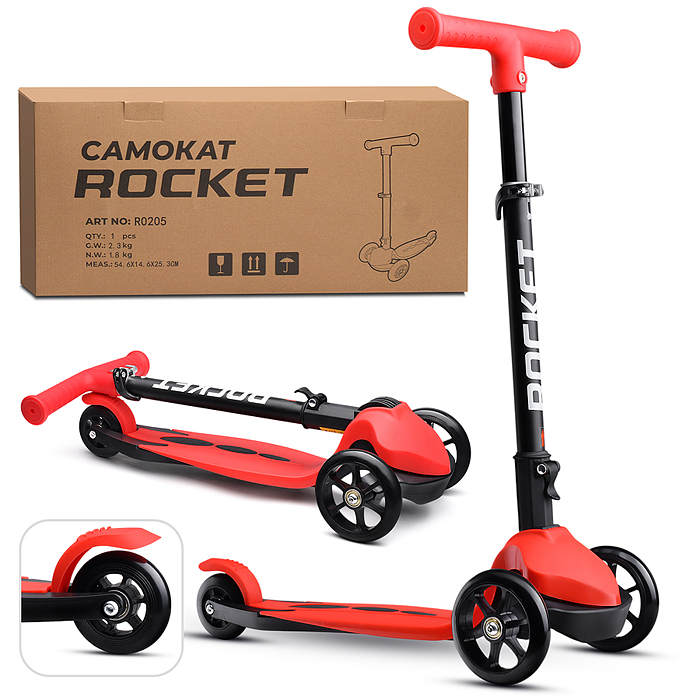 Самокат трёхколёсный R0205 ROCKET колёса PU, цвет красный