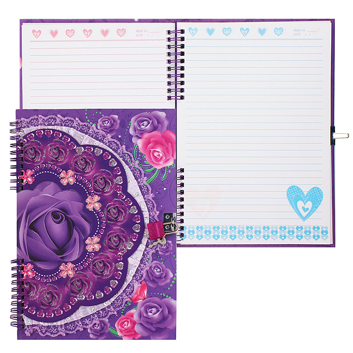 Подарочный блокнот 18,5 см * 27 см, замочек, 55 л., "Букет из роз", фиолетовый
