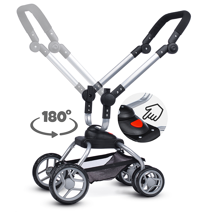 Коляска - трансформер 9623 для кукол, металлическая, регулируемая ручка, с корзиной, цвет серо-розов