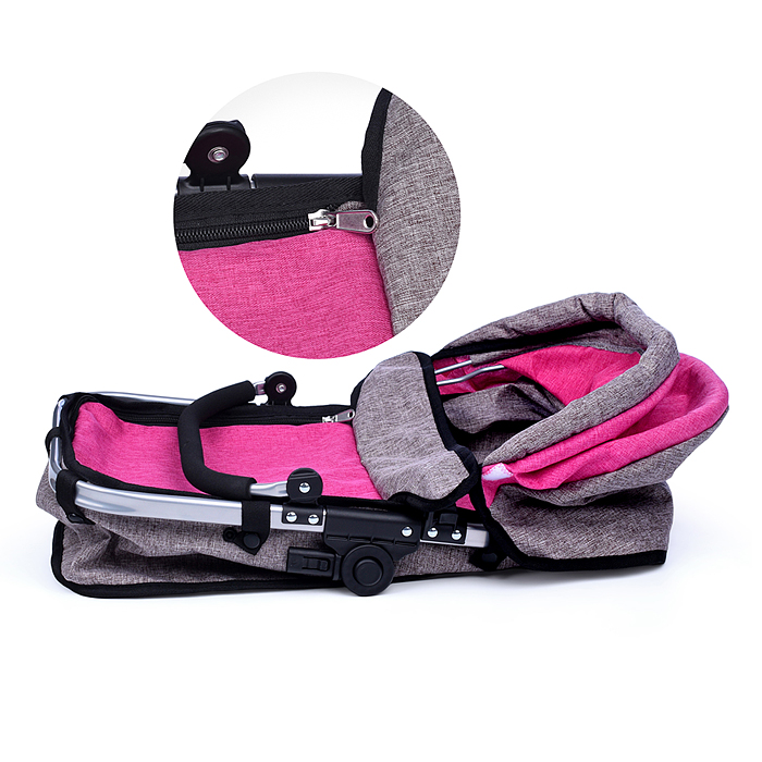 Коляска - трансформер 9623 для кукол, металлическая, регулируемая ручка, с корзиной, цвет серо-розов