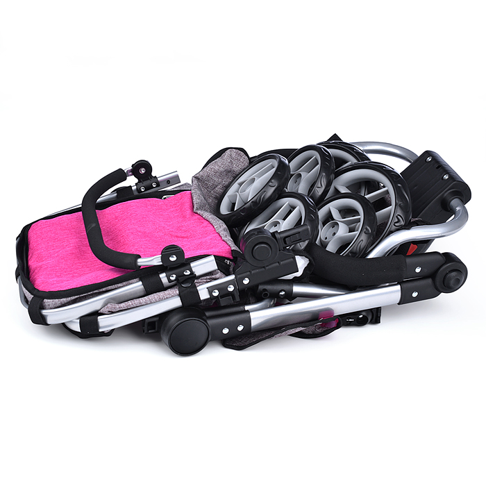 Коляска - трансформер 9623 для кукол, металлическая, регулируемая ручка, с корзиной, цвет серо-розов