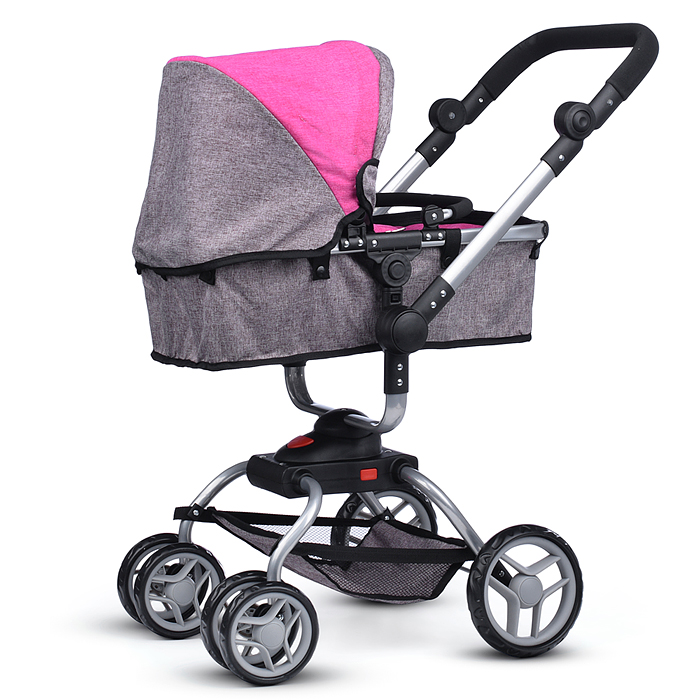 Коляска - трансформер 9623 для кукол, металлическая, регулируемая ручка, с корзиной, цвет серо-розов