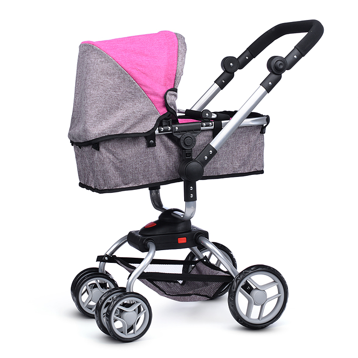 Коляска - трансформер 9623 для кукол, металлическая, регулируемая ручка, с корзиной, цвет серо-розов