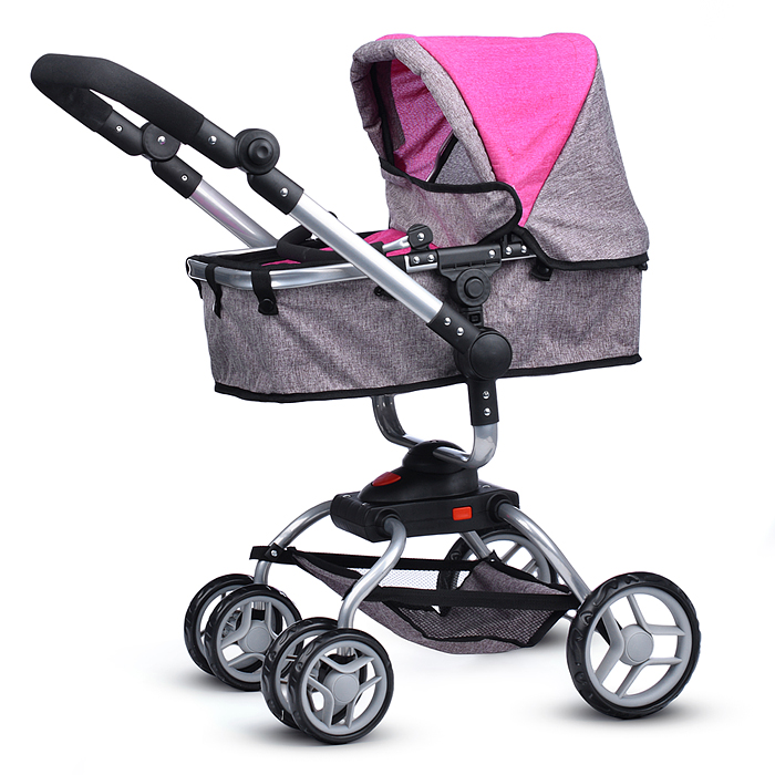 Коляска - трансформер 9623 для кукол, металлическая, регулируемая ручка, с корзиной, цвет серо-розов