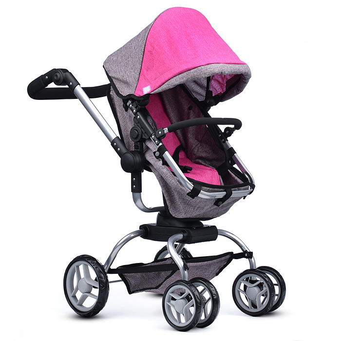 Коляска - трансформер 9623 для кукол, металлическая, регулируемая ручка, с корзиной, цвет серо-розов