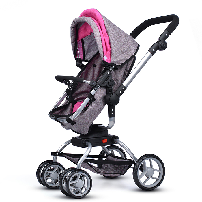 Коляска - трансформер 9623 для кукол, металлическая, регулируемая ручка, с корзиной, цвет серо-розов