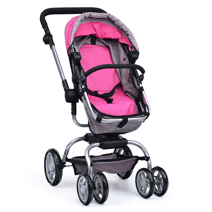 Коляска - трансформер 9623 для кукол, металлическая, регулируемая ручка, с корзиной, цвет серо-розов