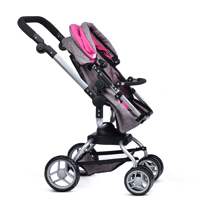 Коляска - трансформер 9623 для кукол, металлическая, регулируемая ручка, с корзиной, цвет серо-розов