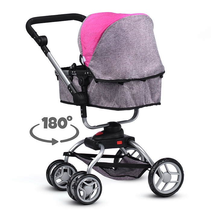 Коляска - трансформер 9623 для кукол, металлическая, регулируемая ручка, с корзиной, цвет серо-розов