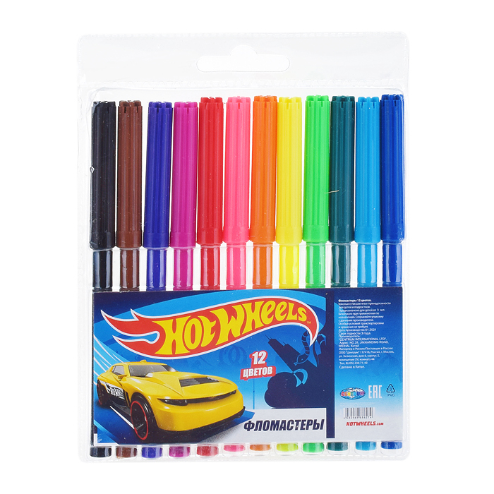 Фломастеры "Hot Wheels", 12 цветов, на водной основе с вентилируемым колпачком.  Устойчивы к п