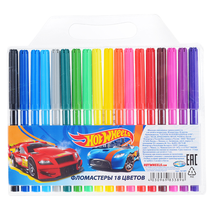 Фломастеры "Hot Wheels", 18 цветов, на водной основе с вентилируемым колпачком.
