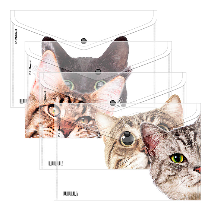 Папка-конверт на кнопке пластиковая Hiding Cats, A4, ассорти 