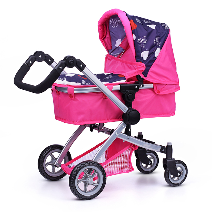 Коляска - трансформер для кукол 9651 металлическая, регулируемая ручка, с корзиной,цвет розово-серый