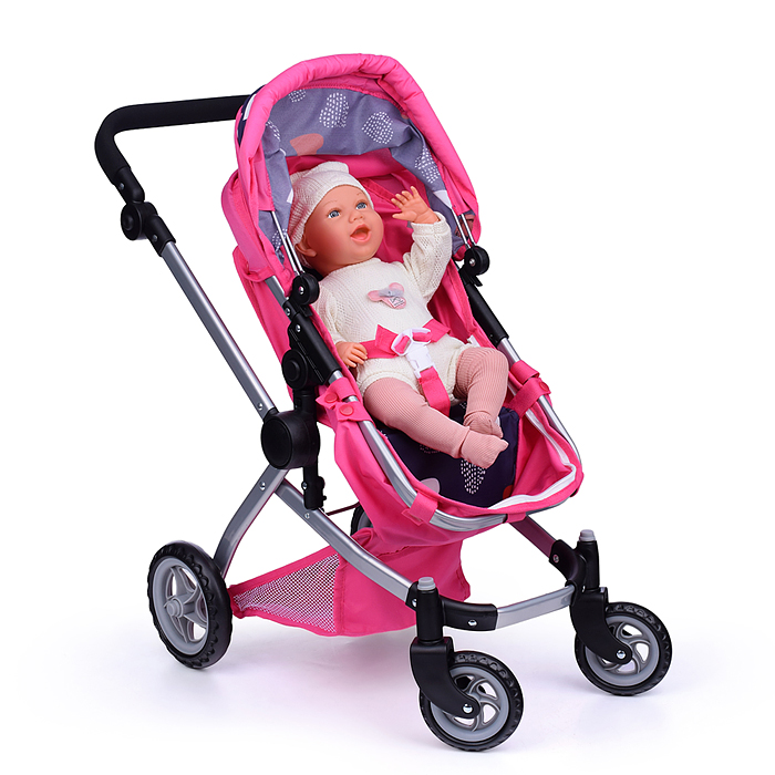 Коляска - трансформер для кукол 9651 металлическая, регулируемая ручка, с корзиной,цвет розово-серый