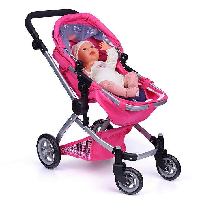 Коляска - трансформер для кукол 9651 металлическая, регулируемая ручка, с корзиной,цвет розово-серый