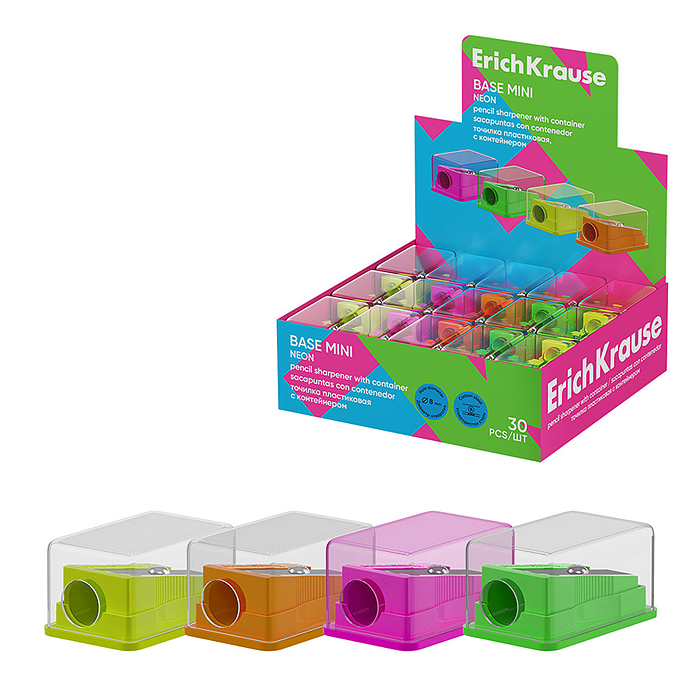 Точилка пластиковая Base Mini, Neon, с контейнером, ассорти (в коробке-дисплее по 30 шт)