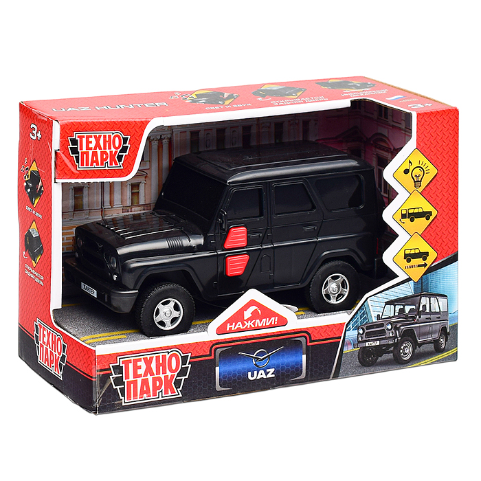 Машина пластик УАЗ Хантер 15 см, (свет-звук, 2 кнопки, черный) инерц, в коробке